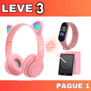 Kit Fone Ouvido Gatinho Bluetooth + relógio Led Infantil a prova d,água + Lousa Magica