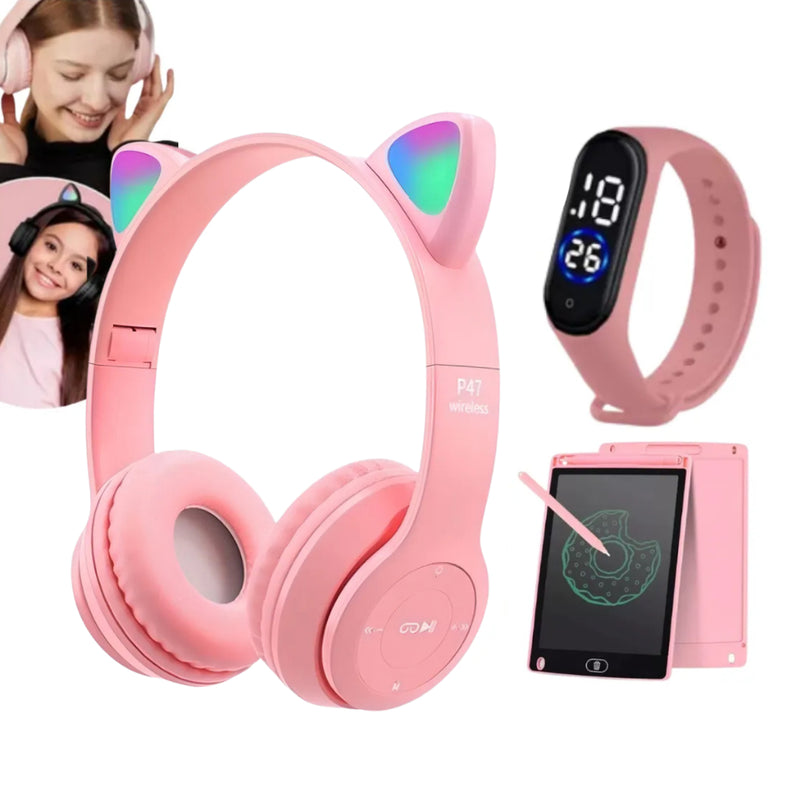 Kit Fone Ouvido Gatinho Bluetooth + relógio Led Infantil a prova d,água + Lousa Magica