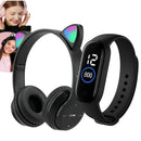 Kit Fone Ouvido Gatinho Bluetooth + relógio Led Infantil a prova d,água + Lousa Magica